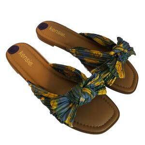 Kensie Renata2 Flat Sandals 8.5M Slides Blue Bananas Bow Cottagecore Tradwife